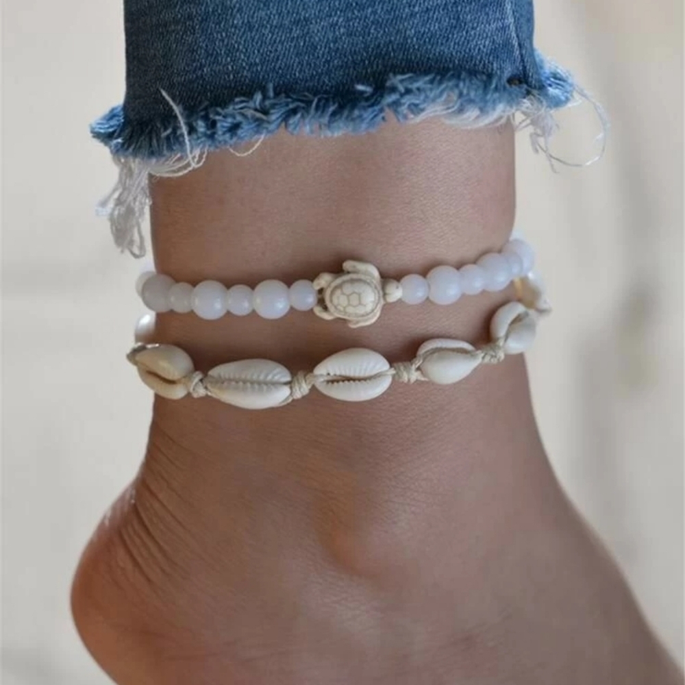 Puka Shell Turtle Charm Anklet Set - 2pcs